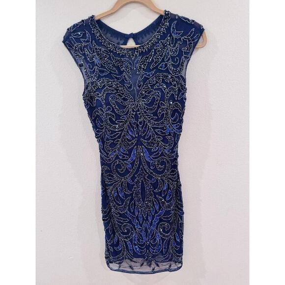 Primavera Couture Fitted Mesh Navy BlueBeaded Dress Sz 10 Prom Formal Homecoming - Picture 2 of 11